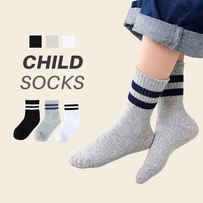 Spring-and-Autumn-Striped-Black-and-White-Gray-College-Style-Boys-Girls-Socks-Solid-Color-Striped-Childrens-Socks