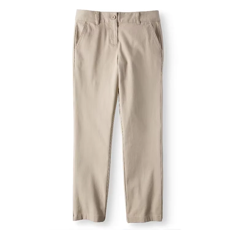 Stretch-Twill-Flat-Front-Pants-Middle-School-Uniform-Khaki-OEM-Cotton-for-Boys-and-Girls-Children-Woven-100-Cotton-Embossed