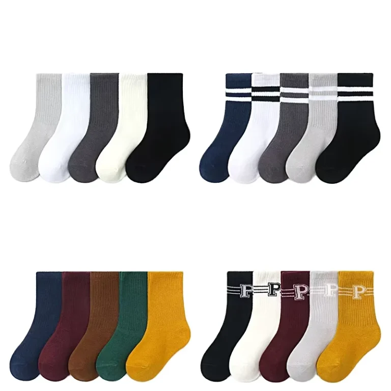 Striped-Plain-Grey-Black-White-Student-Socks-Toddler-Kids-Children-Cotton-School-Crew-Socks-Set-for-Girls-Boys