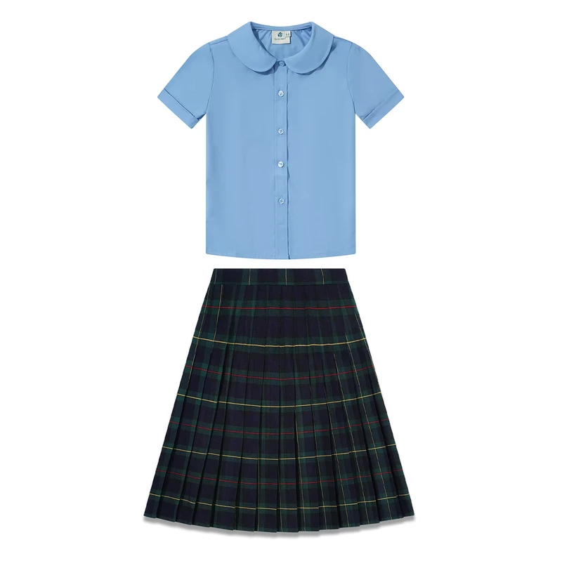Student-Uniform-Girls-Blue-Blouse-Brown-Skirt-Set-Navy-Dress-Short-Sleeved-Skirt-School-Uniform-Set
