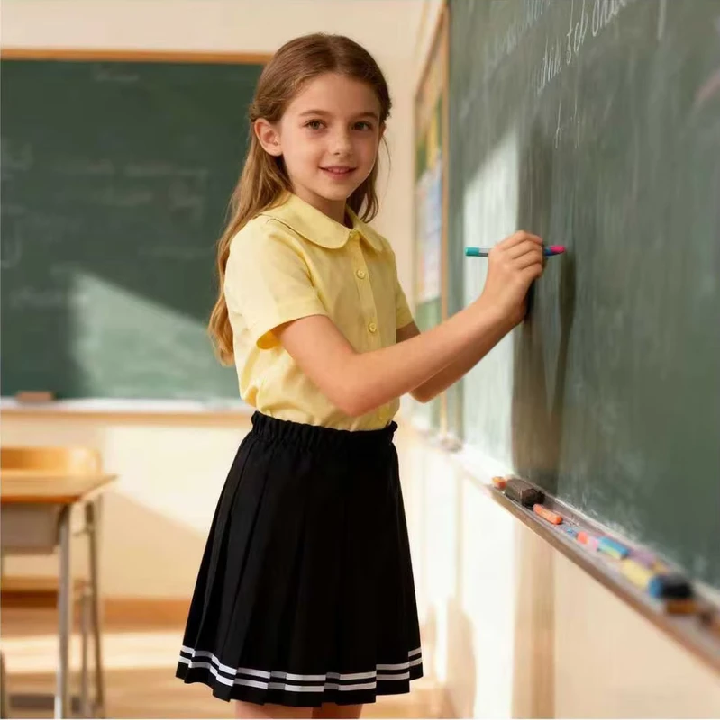 Stylish-Short-Sleeve-Peter-Pan-Collar-Blouse-Full-Pleated-Pull-on-Skirt-Girl-School-Uniform