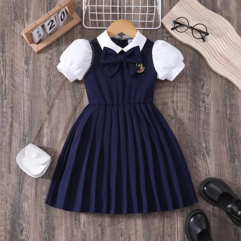 Summer-Dress-for-Girls-Primary-School-English-Style-Short-Sleeves-One-Piece-Dress-Class-Uniform-for-Age-Children