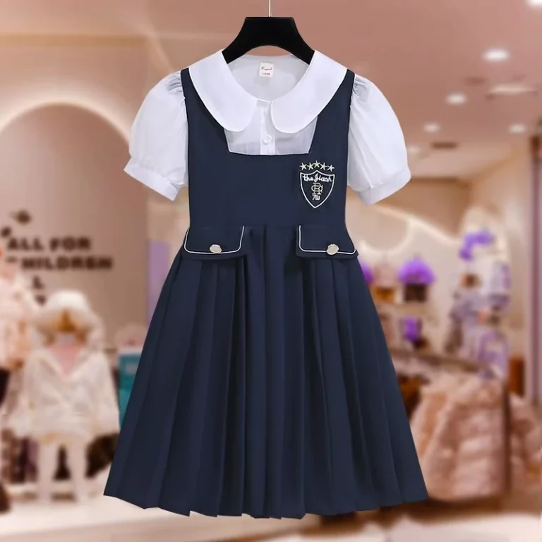 Summer-Girls-School-Uniform-Clothes-Short-Sleeve-Doll-Collar-Casual-Fashion-Children-Dresses-Dress-Teen