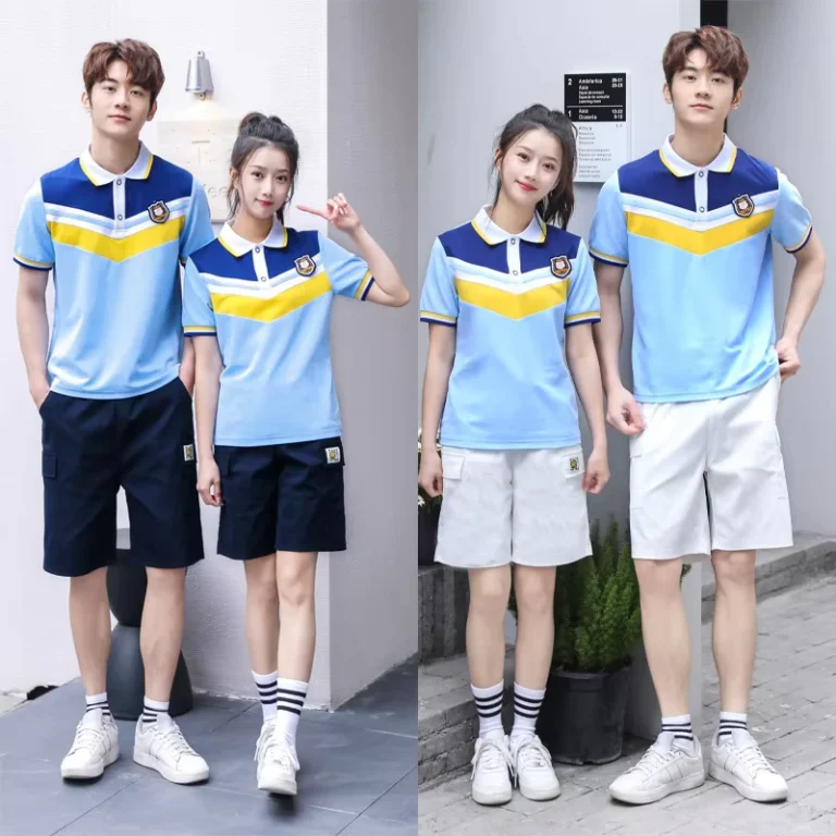 Teen-School-Uniform-Set-Light-Blue-Color-Block-Polo-Shirt-Shorts-Suit-for-High-School-Custom-Emblem-Available