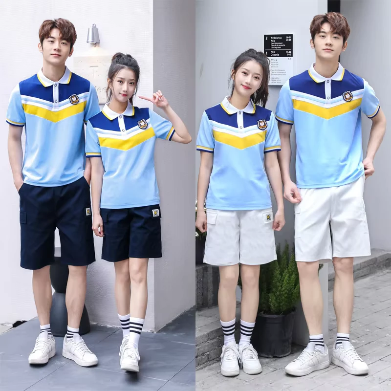 Teen-School-Uniform-Set-Light-Blue-Color-Block-Polo-Shirt-Shorts-Suit-for-High-School-Custom-Emblem-Available