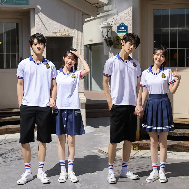 Teen-Summer-School-Uniform-Set-White-Polo-Shirt-with-Navy-Pleated-Skirt-Black-Shorts-Custom-Emblem-Available