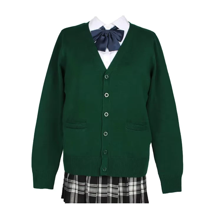 Two-Pieces-Sets-Long-Sleeve-Cardigan-Sweater-With-Check-Skirt-Girls-School-Uniforms-With-Green-Color