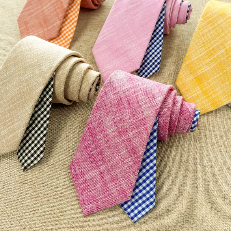 Two-Toned-Skinny-Necktie-Solid-Cotton-Linen-with-Checker-Tie-Mens-Slim-Tie-Plain-Design-for-Wedding-Groom-Groomsman