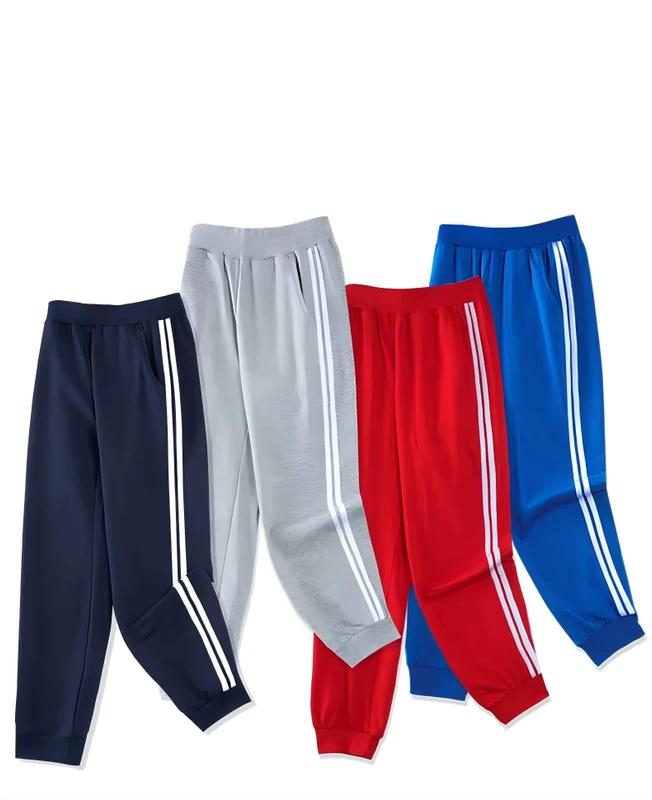 Unisex-Students-Navy-Blue-School-Uniform-Pants-Gray-Two-Stripe-Athletic-Pants-Customizable-Childrens-Suit