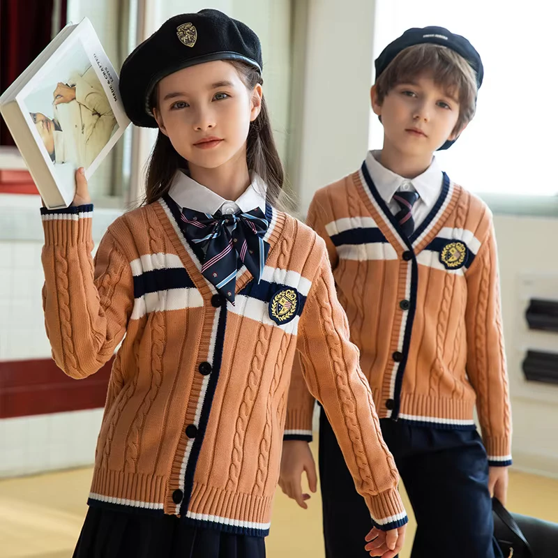 Unisex-Winter-School-Uniform-for-Primary-School-Custom-Embroidered-Orange-Cardigan-Sweater-and-Pleated-Skirt-for-Children