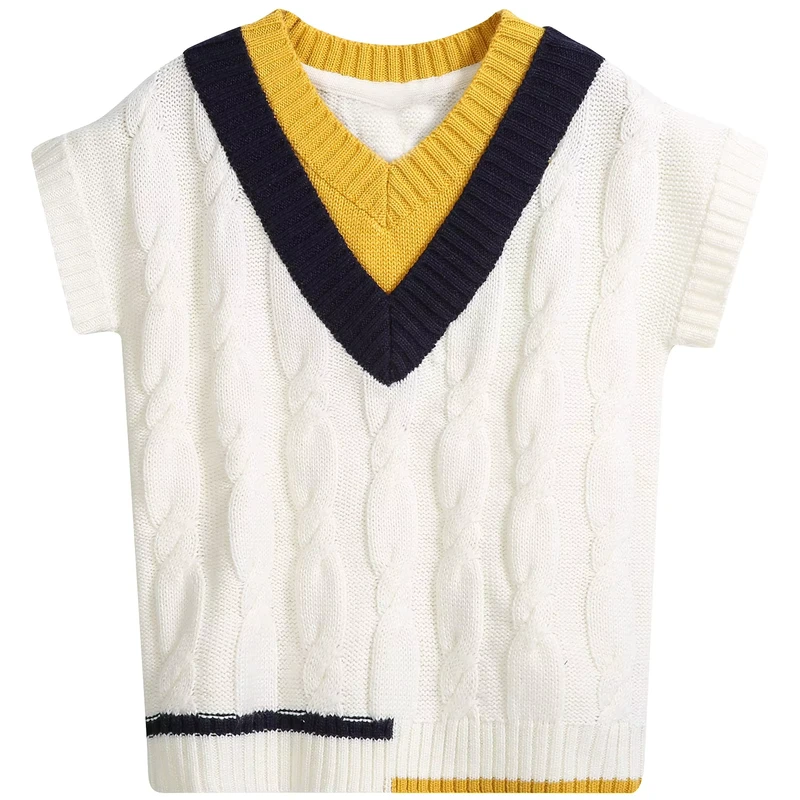 VSCOO-Short-Sleeve-v-Neck-Color-Blocking-School-Uniform-Knitted-Faux-Two-Piece-Wool-Knitwear-Sweater