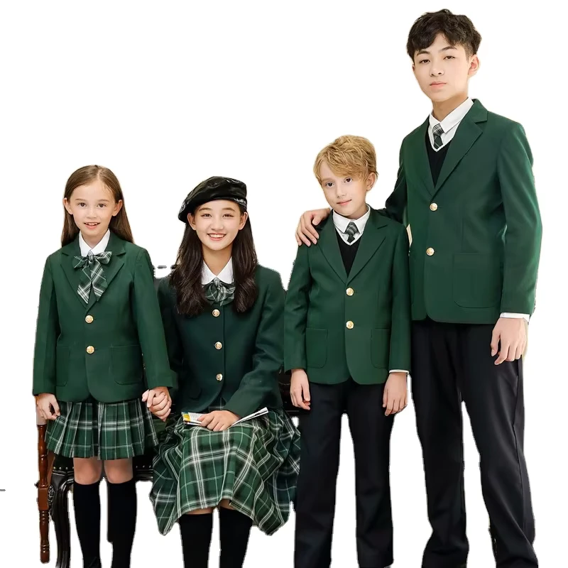 Vintage-Green-blazer-Bottom-Grid-Skirt-Suit-Uniform-Youth-Leisure-Jacket-Fashion-Fitness-Boys-and-Girls-Uniform