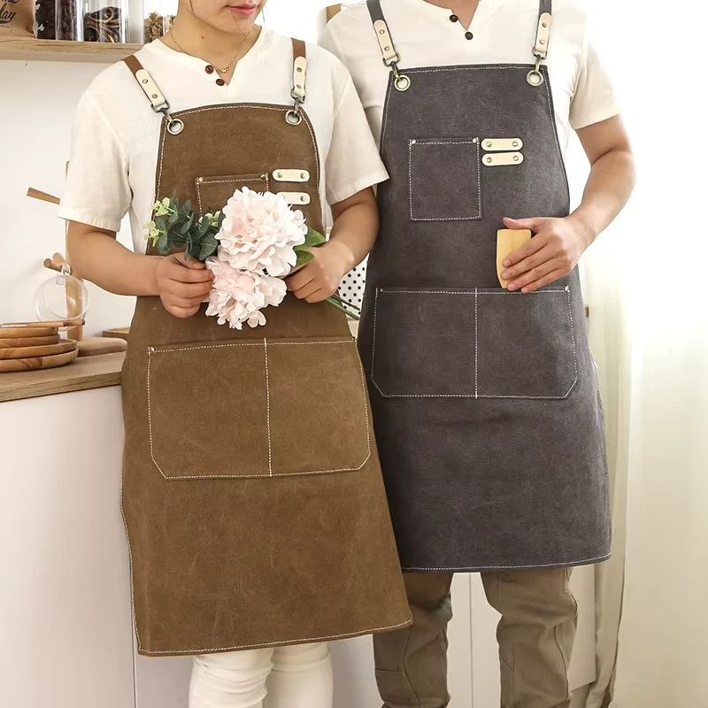 Waxed-Canvas-Apron-Cotton-Strap-Barista-Bartender-Baker-Waitstaff-Uniform-Work-Apron
