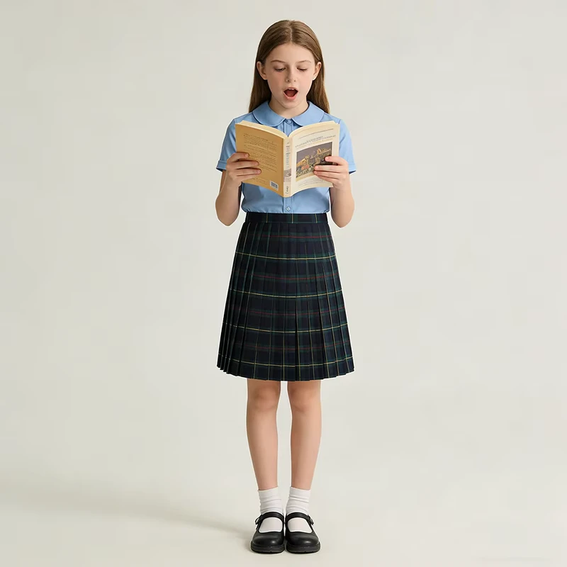 Wear-for-Student-Uniform-Girls-Blue-Blouse-Brown-Skirt-Set-Plaid-Dress-Short-Sleeved-Skirt-School-Uniform-Set