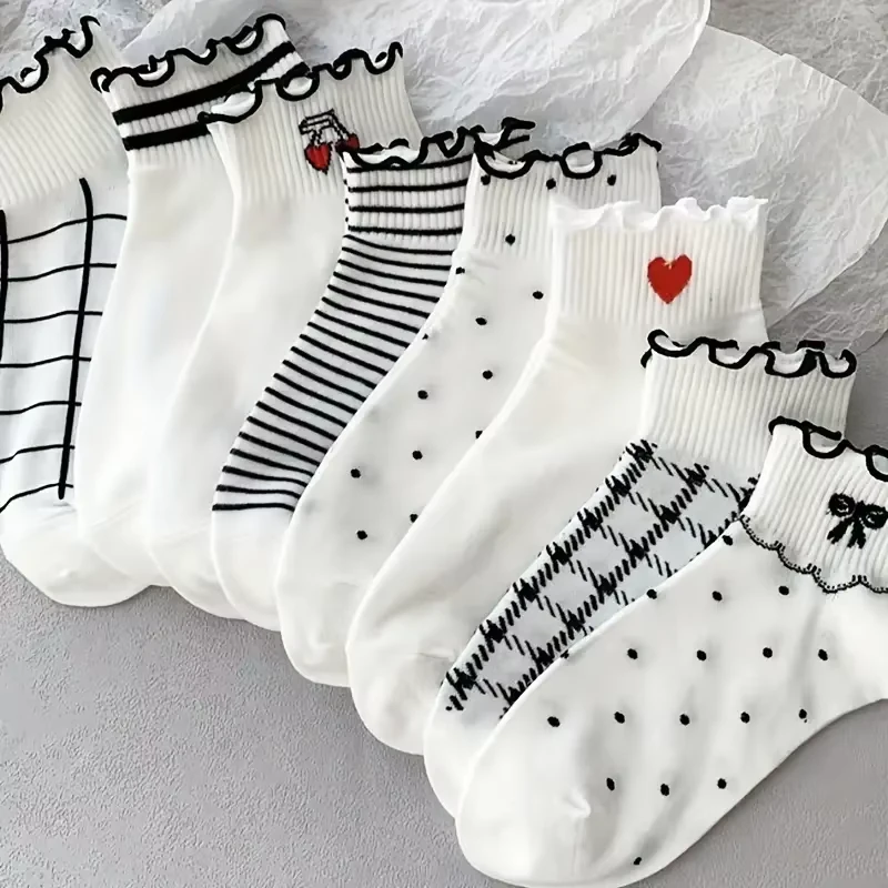 White-Cotton-Lettuce-Trim-Ruffle-Slouch-Seamless-Crew-Socks-Girls-School-Uniform-Comfy-Breathable-Cool-Ankle-Socks