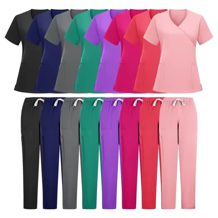 Women-Multicolor-Woven-Pet-Doctor-Scrub-Medical-Short-Sleeve-V-neck-Jogger-Pants-Set-Anti-wrinkle-Breathable-Workwear-Nursing