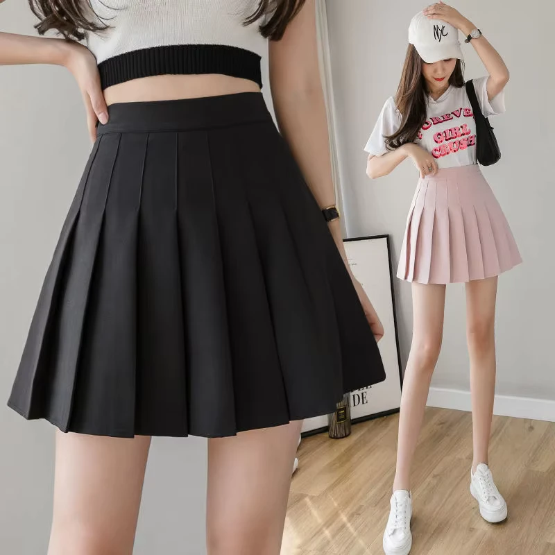 Womens-Summer-High-Waist-Harajuku-Korean-Style-School-Girl-Uniform-Black-Mini-Pleated-Skirt-Breathable