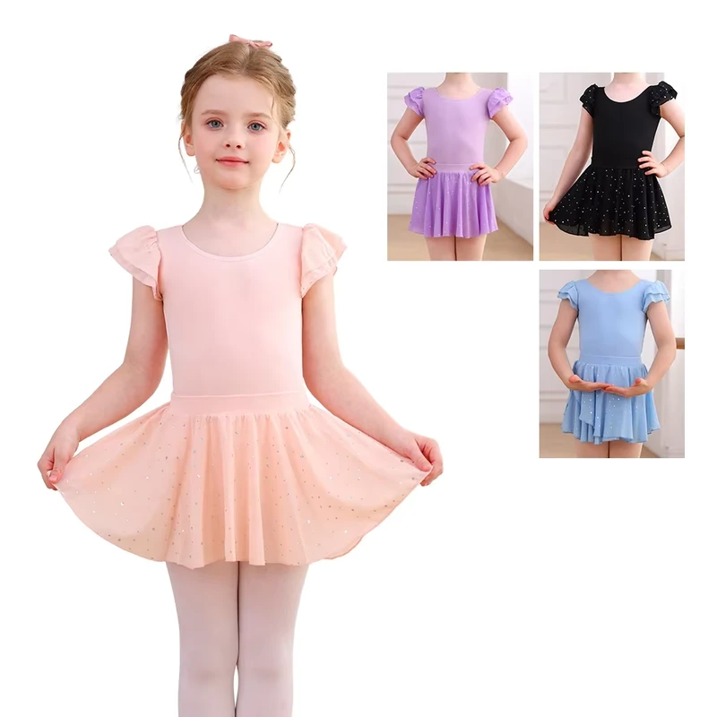 XY012-Girls-Glitter-Printed-Ballet-Dance-Leotard-Dress-with-Flutter-Sleeve-Girls-Tutu-Skirt-Training-Dance-Wear-for-Practice