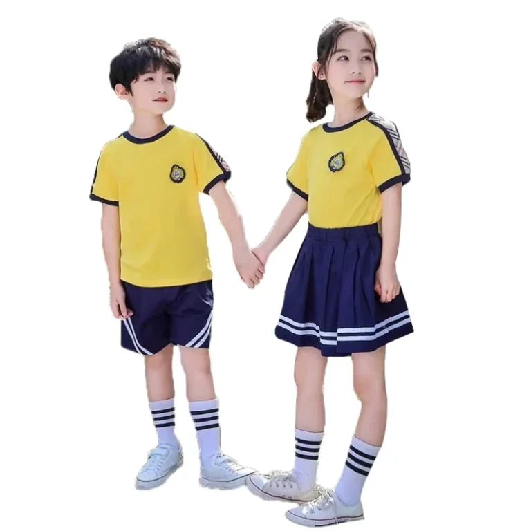 Yellow-O-Neck-T-Shirt-Navy-Shirt-Primary-and-Secondary-School-Summer-Sportswear-Custom-Design-Kids-School-Uniforms