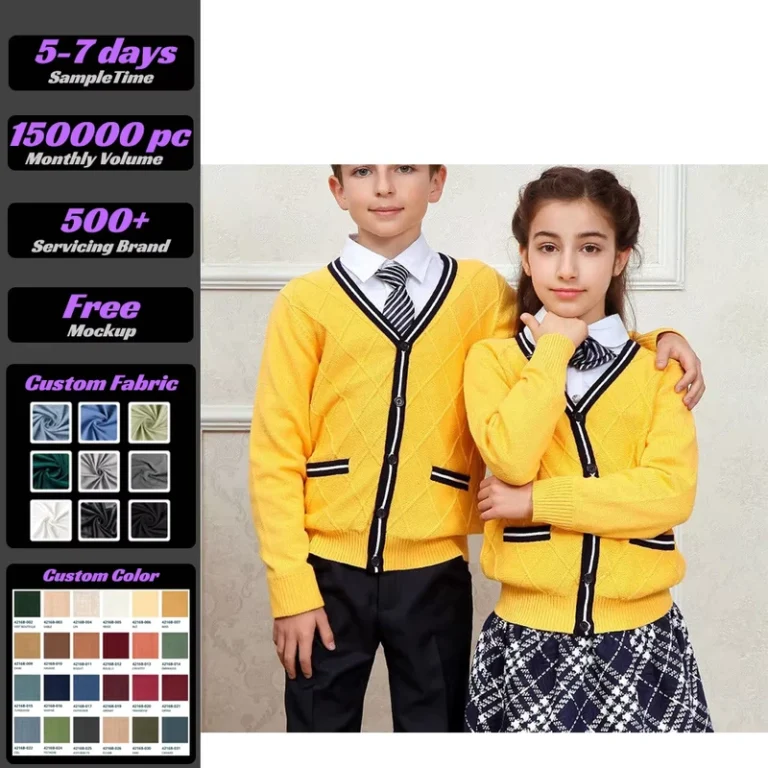 Yellow-Unisex-Long-Sleeve-Cardigan-Uniform-for-Children-School-Sweater-Knitwear-Customized-Designs-OEM